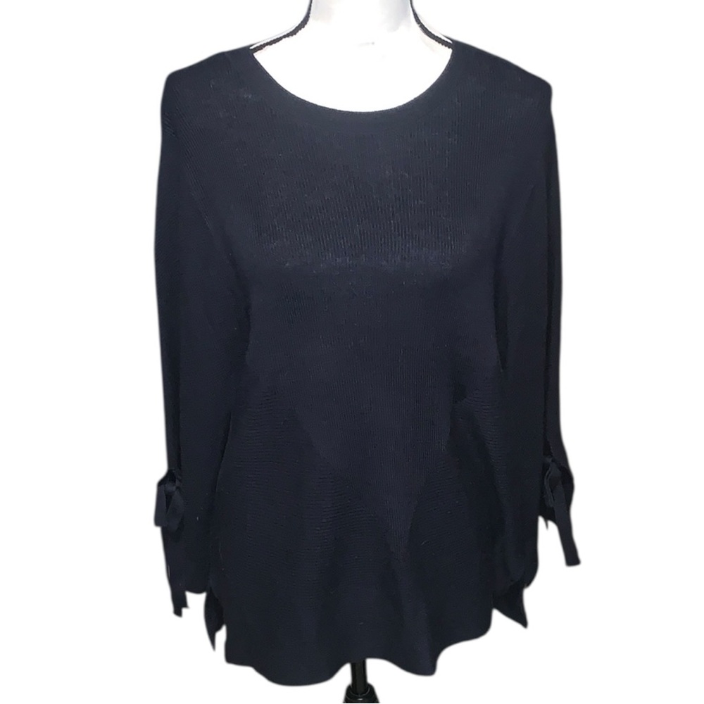 Michelle Nicole Womens Medium Chevron Wool Blend Knit Tie-Sleeve Sweater Navy
